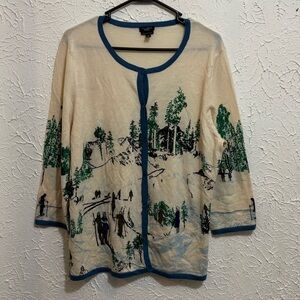 Talbots merino wool Cream Cardigan with Blue Trim